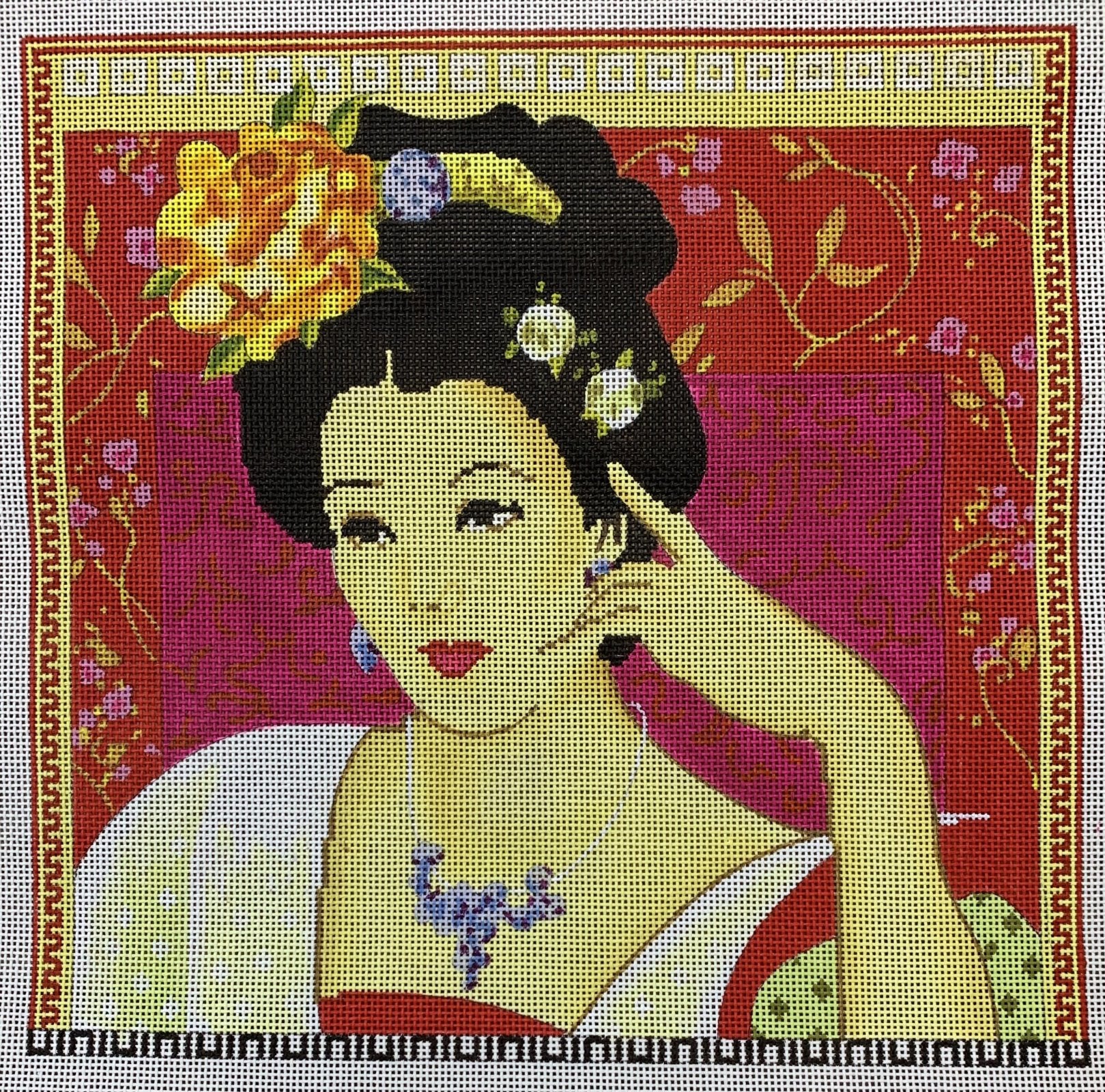Lady on Red Floral Background