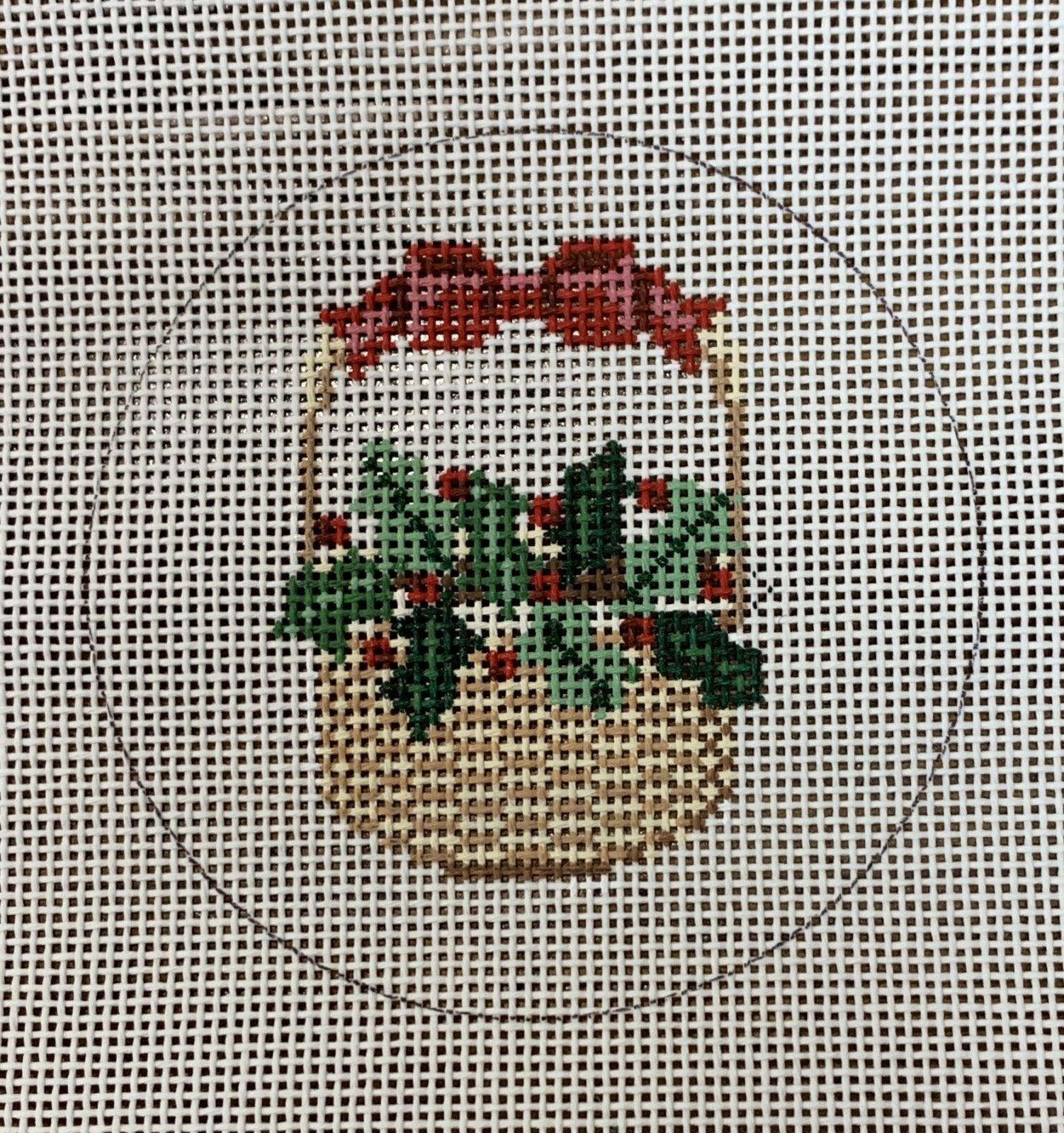 Nantucket Basket Ornament - Holly & Ribbon on Handle