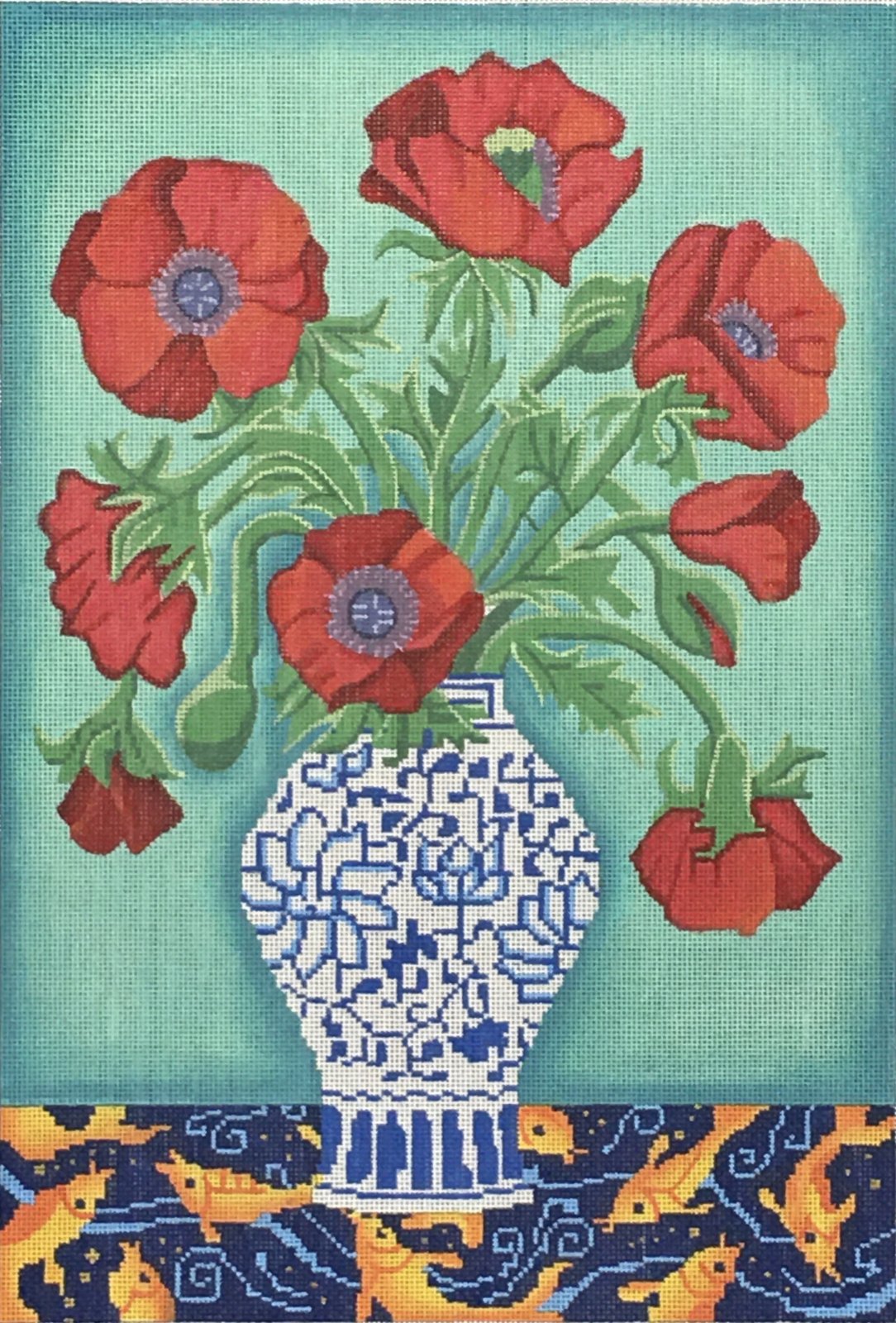Red Poppies in Blue/White Vase   18 mesh