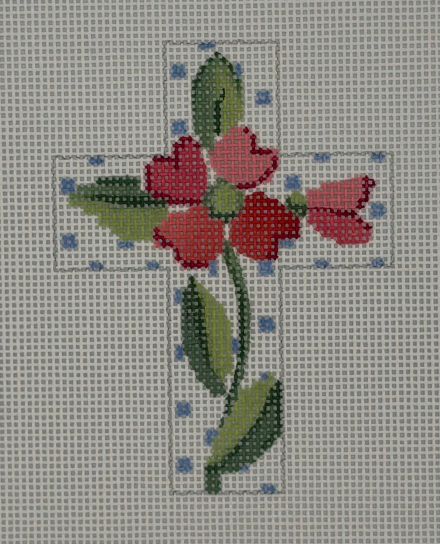 Blue Polka Dot Cross w/Pink Flowers