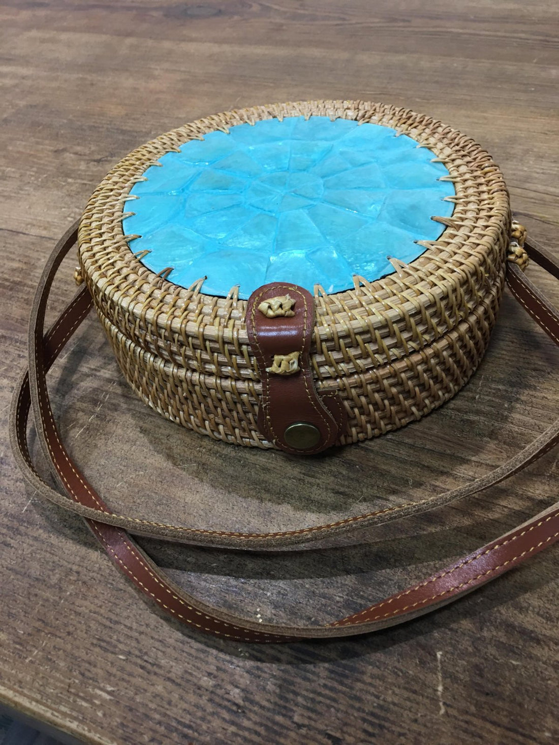 Oval Rattan Bag with Turquoise Faux Shell