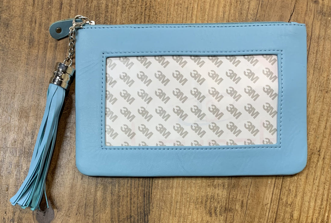 Lamb Skin Zip Pouch w/ Detachable Tassel - Light Aqua