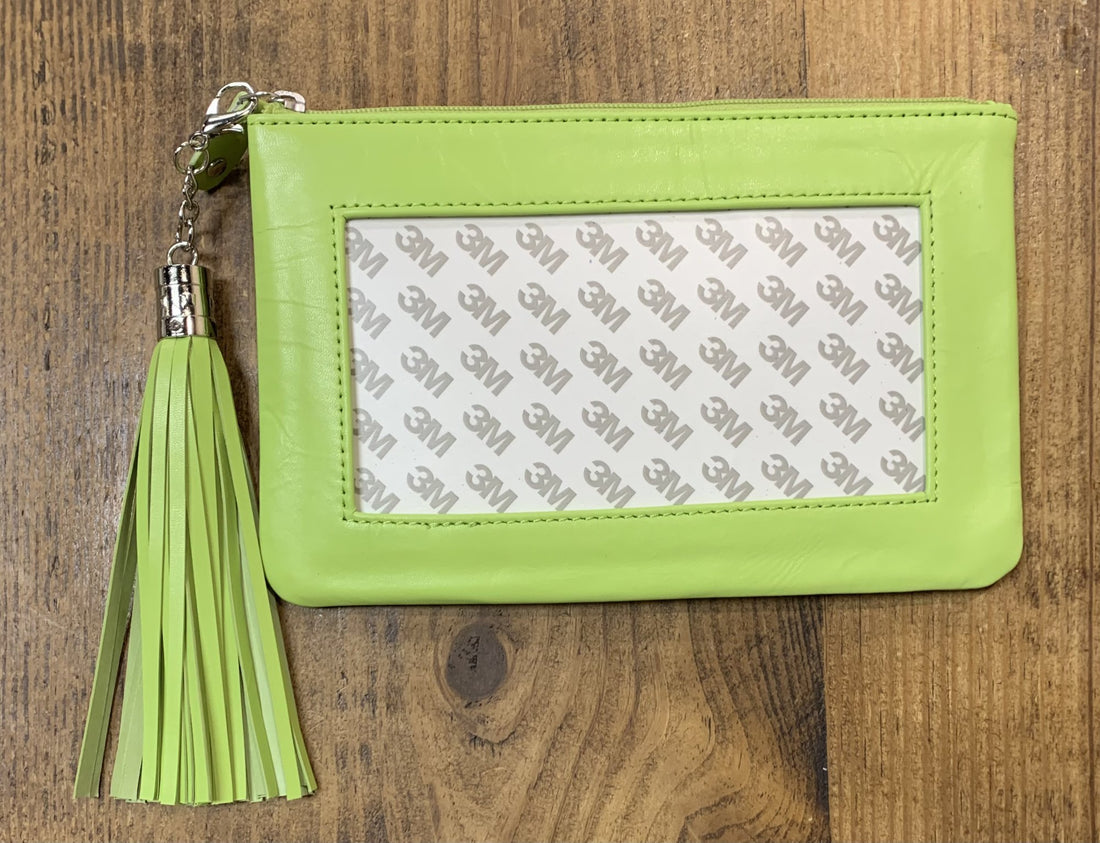 Lamb Skin Zip Pouch w/ Detachable Tassel - Lime Green