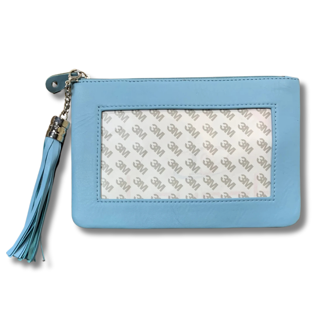 Lamb Skin Zip Pouch w/ Detachable Tassel - Light Aqua