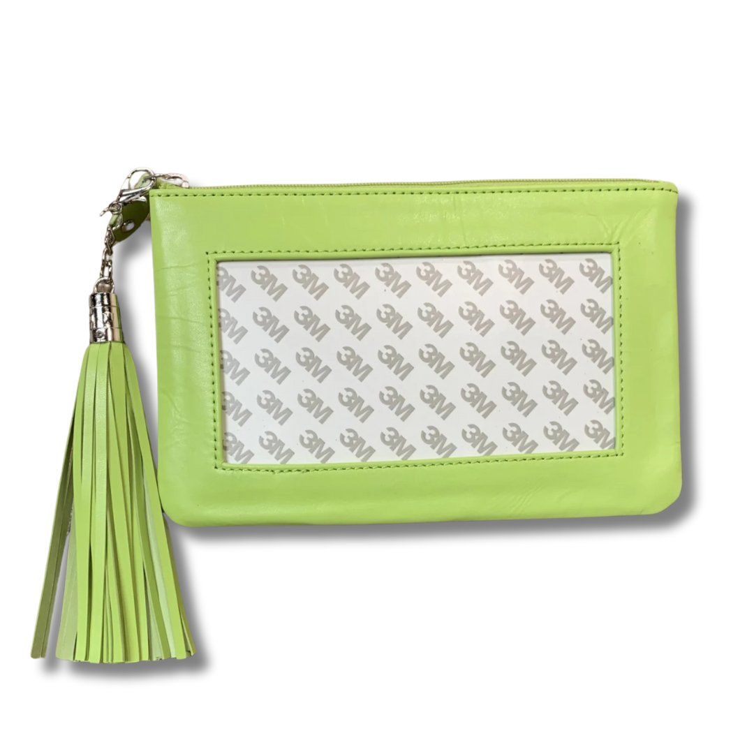 Lamb Skin Zip Pouch w/ Detachable Tassel - Lime Green