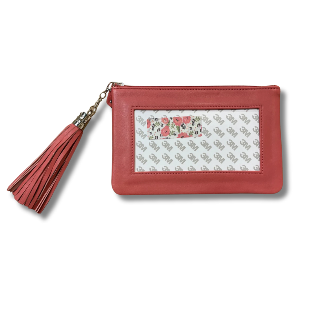 Lamb Skin Zip Pouch w/ Detachable Tassel - Salmon