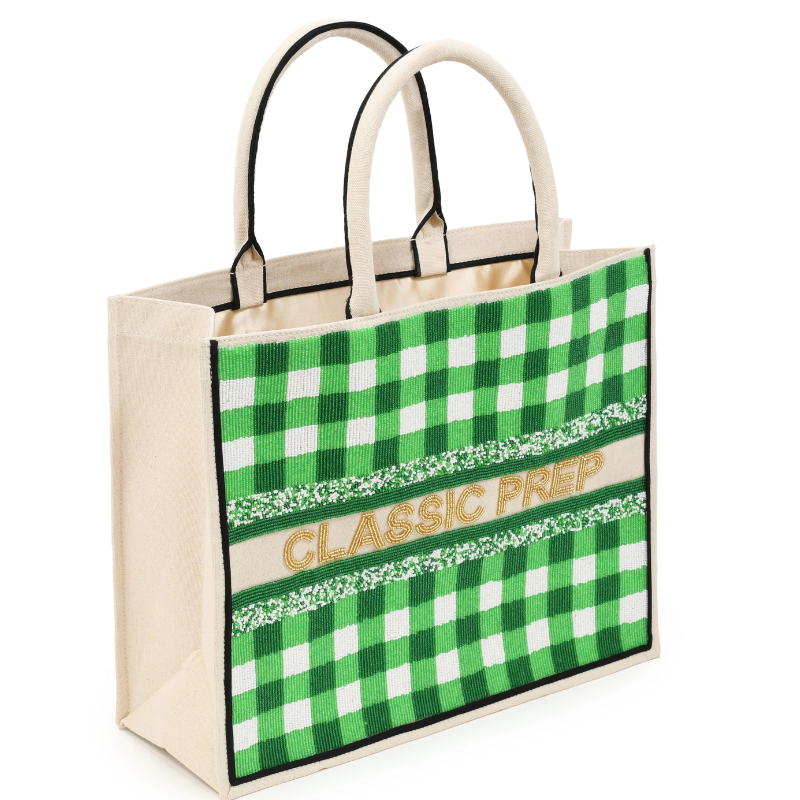 Beaded Tote  -  Gingham Green