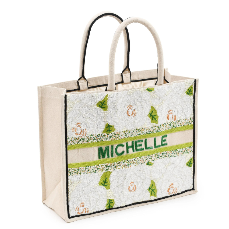 Beaded Tote  -  White Camellia