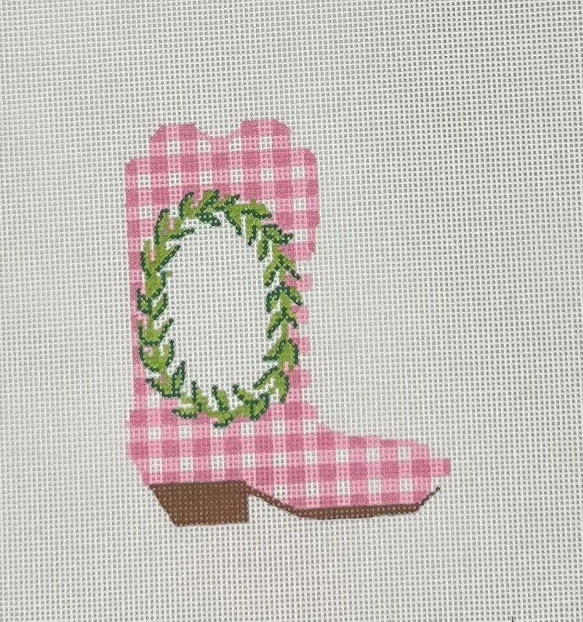 Mini Cowgirl Boot -Greenery Wreath on Pink Gingham