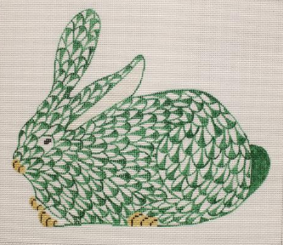 Herend-inspired Fishnet Crouching Bunny emerald green w/ gold (facing left)